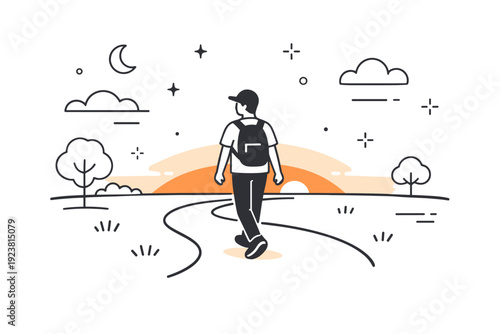Sunset later walks outdoors. A person walks along a quiet park path or open field, horizon glowing gently. Peaceful transition from day to night. Minimalist