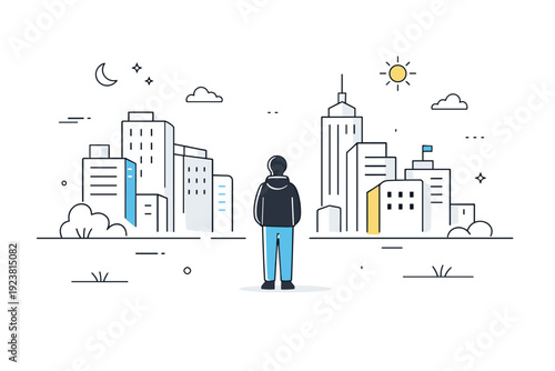 Loneliness in modern cities. A single person standing among tall city buildings, quietly observing the surroundings without interaction. Wide