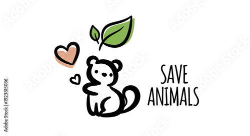 Whimsical illustration promoting animal conservation features a stylized animal with leaves and hearts, conveying a message of ecological awareness and animal welfare against a white background.