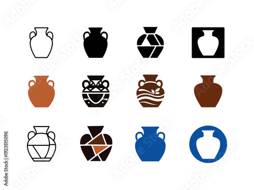 Collection of diverse amphora vase icons in various styles and colors