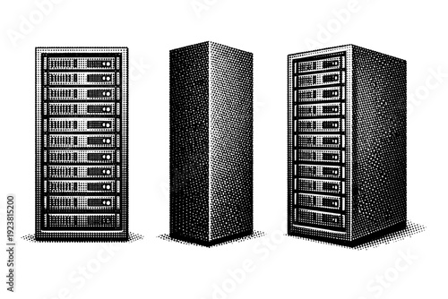 Black and white halftone tech icon server rack A data server rack is depicted as a single object shown from three different views: front view, side view, and