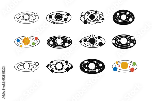 Building a model of the solar system. Icon set. Set Logo of Building a model of the solar system: sun with orbiting planets. harmonious logo variations of the