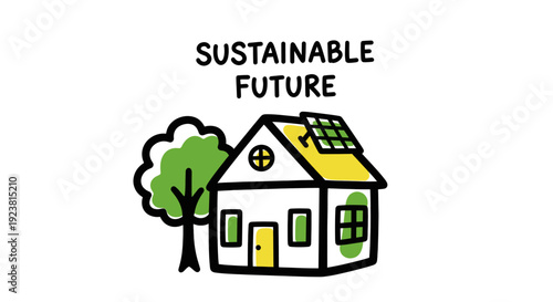 Whimsical illustration showcasing a sustainable future with a cartoon-style house powered by solar panels, next to a green tree; symbolizes ecology, renewable energy and eco-conscious living.