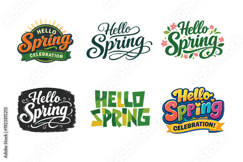 Hello spring celebration. Set lettering. harmonious lettering variations of the same emblematic concept, each with different artistic interpretation (Retro
