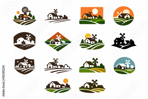 A rustic farmhouse with a windmill in the distance. Icon set. Set Logo of A rustic farmhouse with a windmill in the distance: landscape with farmhouse and