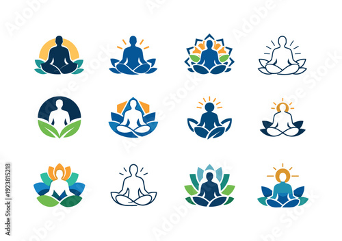 Collection of diverse yoga and meditation logos featuring figures in lotus pose
