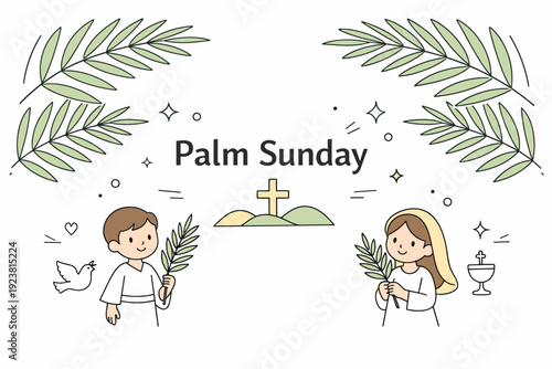 Palm Sunday backgrounds. Light spring palette with palm leaves gently crossing, forming a subtle ceremonial backdrop. Clean editorial illustration with