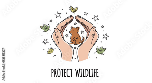 Illustration showing hands cradling a gopher, symbolizing protection of wildlife, surrounded by leaves and stars on a clean, white background, useful for environmental campaigns.