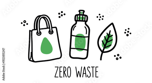 Illustration promoting zero waste lifestyle, depicting a reusable bag, water bottle, and leaf, advocating for eco-friendly choices. Great for environmental awareness and sustainable living content.