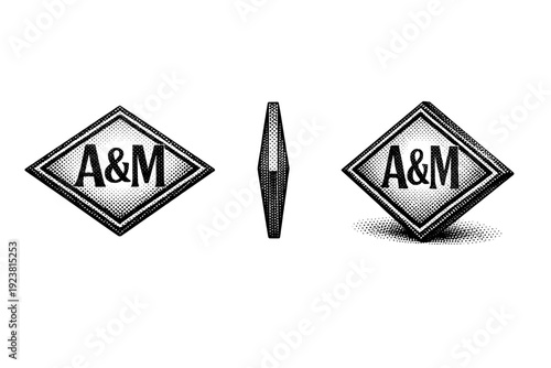 Wedding monogram badge with diamond-shaped geometry and centered initials shown from front view, side view, and three-quarter view as a single object set with