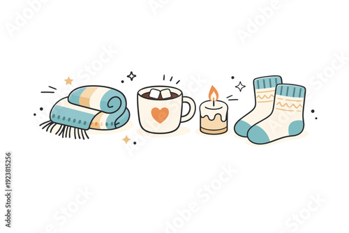 Winter cozy objects. A clean composition of knitted scarf, mug, candle, and socks arranged with care. The scene feels tactile, warm, and comforting, perfect