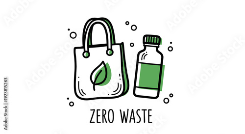 Hand-drawn illustration of a zero waste concept showing a shopping bag with a leaf and a glass bottle, promoting sustainability and environmental awareness.