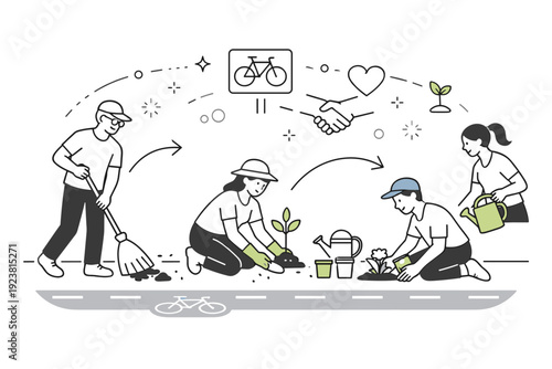 Community bike lane care. Residents sweeping or planting near a local bike path, showing neighborhood involvement in maintaining shared space. Abstract arrows