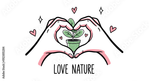 Illustration of two hands forming a heart around a potted plant, promoting nature love and environmental protection with hearts and stars.