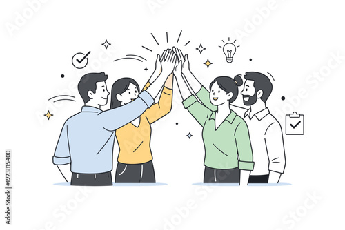 High five team collaboration. A group of teammates giving each other a high five after completing a task, showing unity and shared success. The mood is
