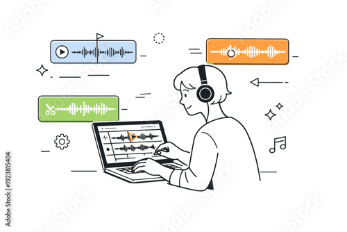 Podcast recording. Person editing audio on a laptop with waveform panels and markers floating nearby, calm technical focus and creative refinement mood.