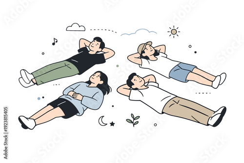 Hanging out without activity. A minimal scene shows friends lying on the floor or grass, looking upward, doing nothing together. The mood highlights shared