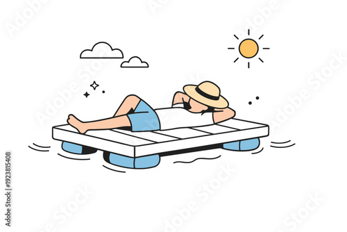Floating Dock Relaxation. Floating docks relaxation. Person lying back on a dock with a hat over their face, sunlight and water lines suggesting warmth and