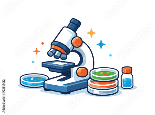 Microscope and petri dishes with colorful samples for scientific research and discovery