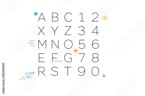 Letters and numbers. Abstract composition of letters and numbers aligned in an orderly grid. Visual rhythm and clarity, feeling of logic and