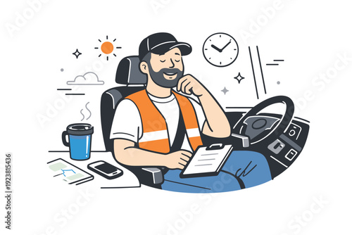 Transport driver lifestyle. A driver enjoys a quiet moment in the cab, coffee nearby, preparing for the next route. Warm, human-centered mood with subtle