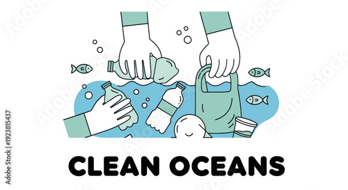 Volunteers wearing gloves are shown removing plastic bottles, a plastic bag, and a cup from the ocean to help clean up pollution and keep our oceans clean.