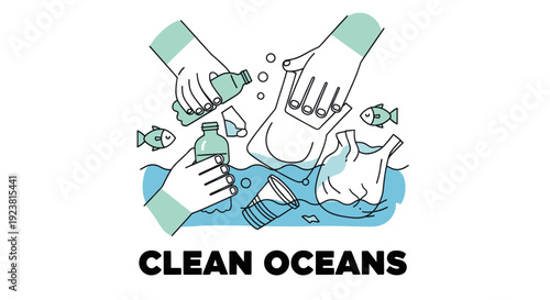 Illustration depicting hands removing plastic bottles and debris from the ocean to promote environmental protection, ocean conservation and pollution cleanup efforts.