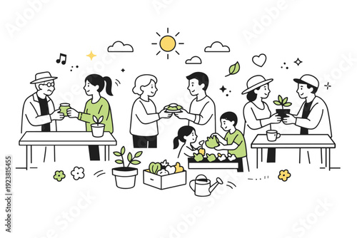 Spring community gatherings. Neighbors meeting outdoors with simple tables and plants, chatting and sharing small items in a fresh spring setting. Warm social