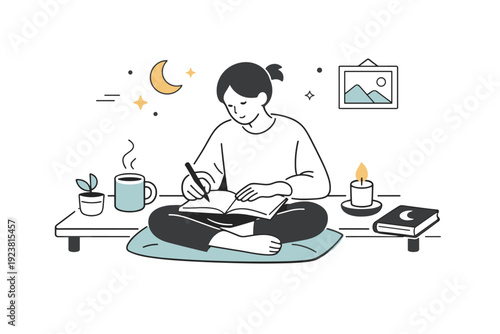 End of day quietness. Person journaling or sketching slowly in a dimly lit space, ambient surroundings fading into softness. Thoughtful closure to the day