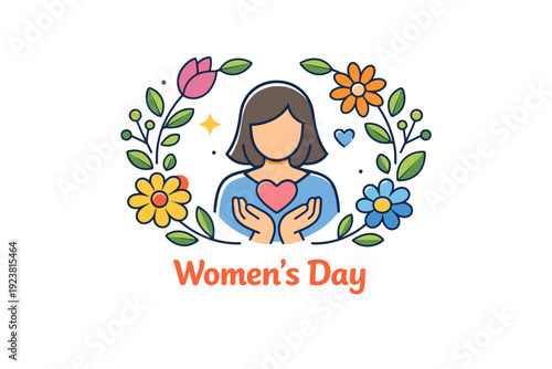 Women?s Day celebration a simple symbolic composition with flowers forming a gentle frame around a female icon, representing care, appreciation, and positive