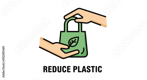 Illustration of hands holding a green reusable shopping bag with a leaf icon, promoting a concept to reduce plastic waste.