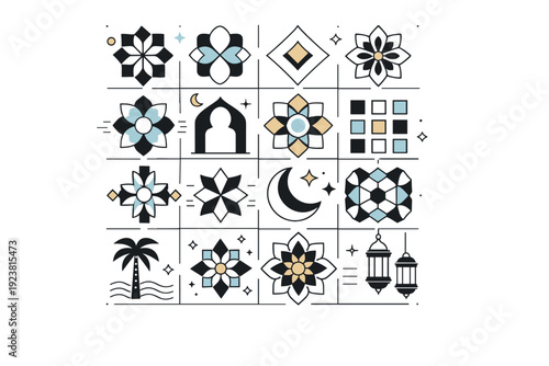 Modern Islamic pattern design. Abstract geometric tiles arranged in a precise grid, inspired by mosque ornamentation, conveying calm structure and timeless