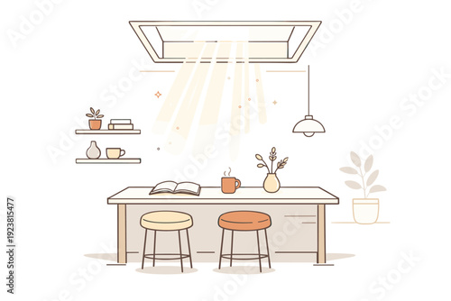 Home daylight optimization skylight. A soft scene showing daylight streaming through a skylight above a cozy reading area or kitchen island. The feeling is