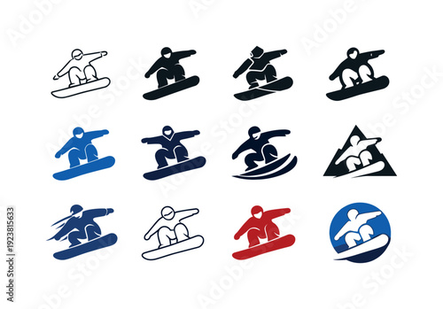 Collection of diverse snowboarder icons in various styles and colors for winter sports