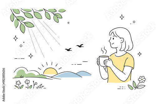 Sunlight through leaves ? morning mood. Simplified foliage casting light shadows and soft rays, expressing early daylight and peaceful atmosphere. The scene