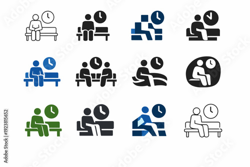 Long wait in clinic. Icon set. Set Logo of Long wait in clinic: patient sitting on bench with clock. harmonious logo variations of the same emblematic concept,