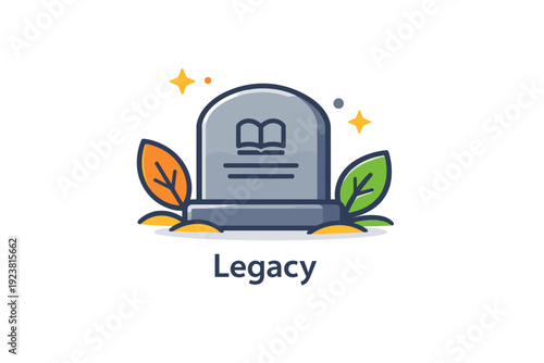 Cemetery symbol of legacy expressed through a simple memorial stone paired with subtle leaf elements, highlighting continuity, memory, and