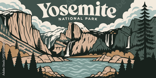 USA, US, U.S, United States - Yosemite National Park Vintage Poster: Scenic Lake, Waterfall & Mountain Landscape Illustration for Nature Decor and Outdoor-Themed Designs
