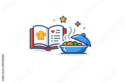 Preserving cultural food traditions during holidays a clean concept badge showing a recipe book, steaming dish and small decorative stars to