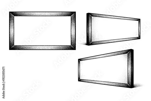 Halftone rectangular vignette frame. A single rectangular vignette frame shown in three views: front view, side view, and three-quarter view, highlighting