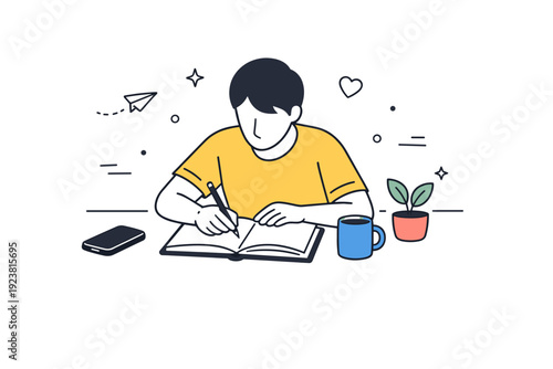 Phone face down moments. Person journaling or sketching with phone flipped down nearby, gentle focus and personal space. Scene of creative