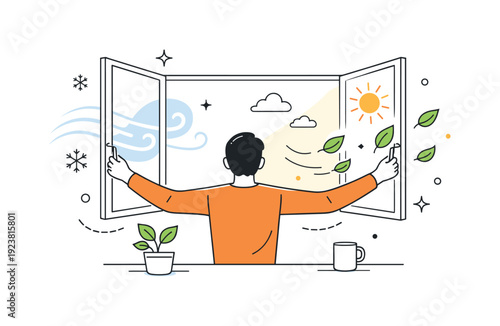 Person opening window to let in fresh air and sunlight, with leaves blowing
