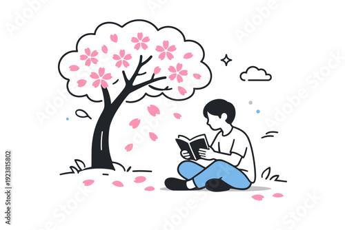Quiet Hanami moment. A person sitting alone under a cherry tree, reading a book with scattered petals around. Reflective and serene