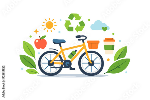 Sustainable lifestyle illustrated through a bicycle surrounded by leaves and soft decorative dots, expressing eco friendly mobility and simple daily habits.