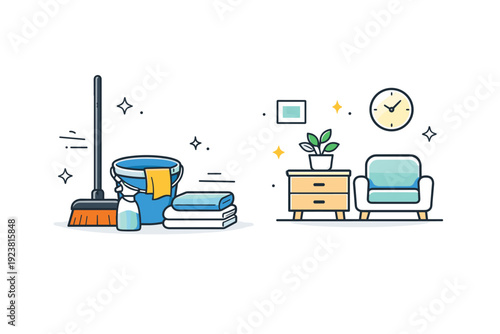 Organized cleaning mindset. Cleaning tools like a broom, cloth, and bucket are neatly arranged beside a tidy space, suggesting readiness and simplicity. The