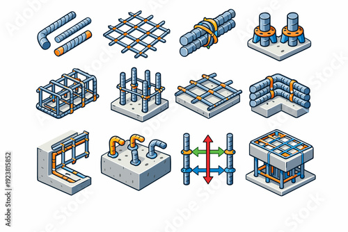 Rebar Reinforcement Detail. Colorful isometric vector icons set of Rebar Reinforcement Detail: steel reinforcement bars, rebar mesh, tie wire joints, concrete