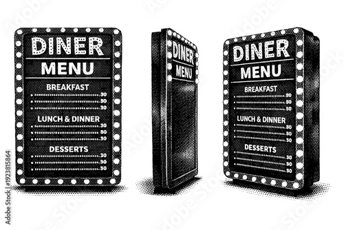 Diner illuminated menu sign. A realistic illuminated diner menu sign shown as a single object from three different angles: front view, side view, and