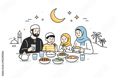 Ramadan. A serene evening scene with a crescent moon and stars above a family sharing an iftar meal. Calm expressions and soft decorative