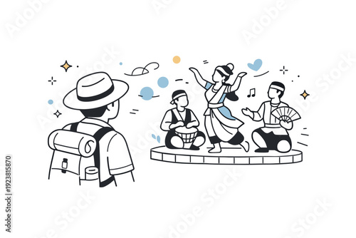 local tourism cultural event. A tourist watching a local festival or performance, small abstract stars and floating shapes highlighting friendly engagement and