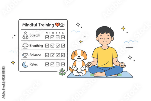 Mindful training routine. A simple schedule board next to a person and pet practicing short exercises together, representing consistency and care. Calm